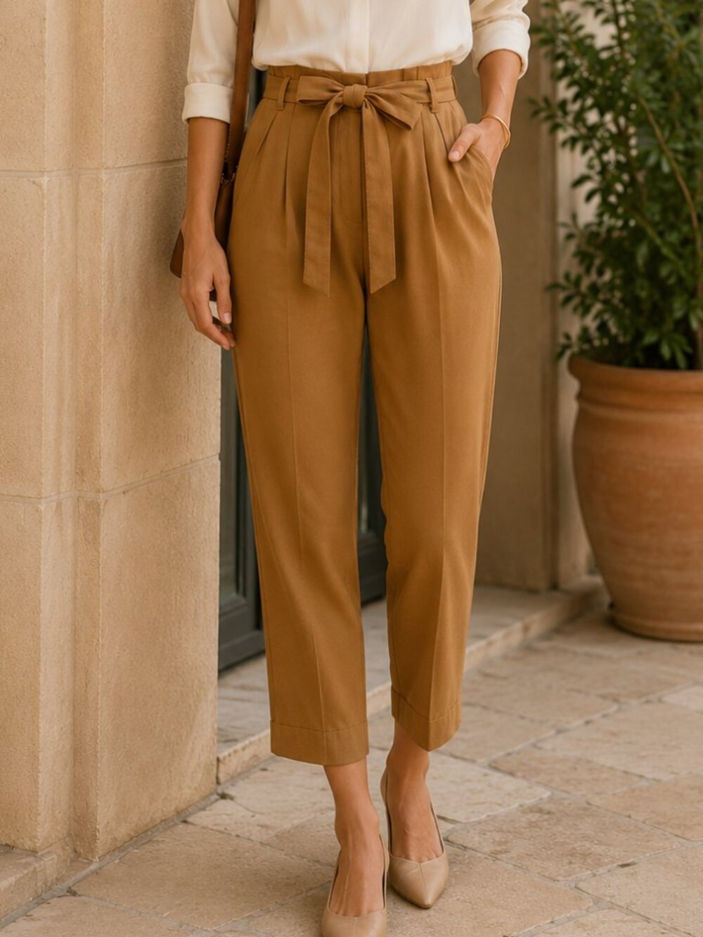 Anthropologie Cartonnier Kingsley Tencel Paperbag Pants Camel S Cropped